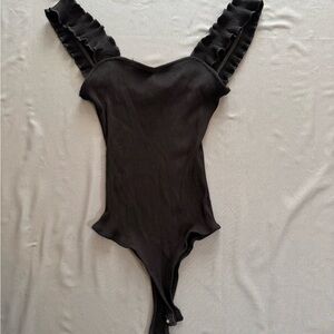Black Ribbed Ruffle Strap Bodysuit Small Fitted Stretch Tank Top Minimalist